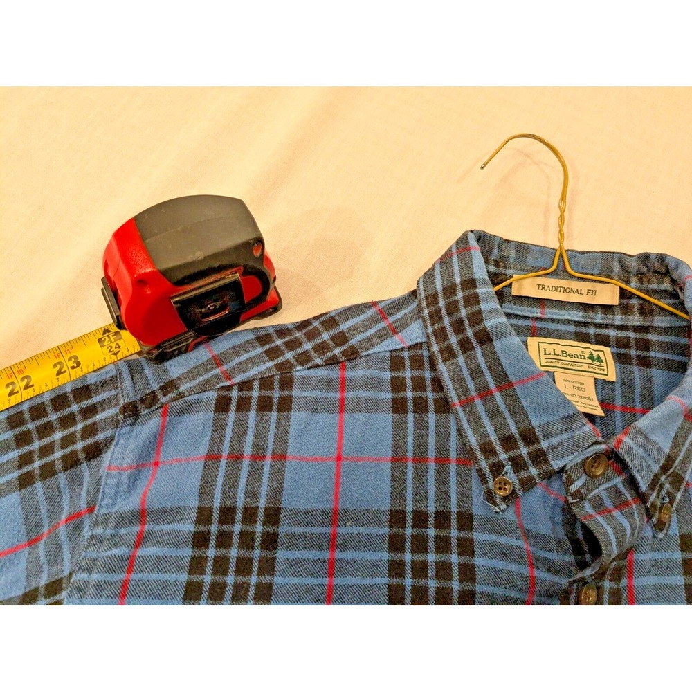 VTG LL Bean Men Traditional Fit Plaid Blue/Red Holiday Flannel Shirt Sz L Cotton - Picture 15 of 16